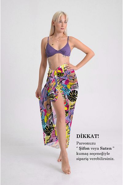 DESENİX Positive Energy Pattern Pareo - 100X145 cm - Silky Chiffon & Luxury Satin Fabric Option - Beach Dress