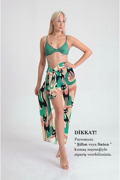 DESENİX Vintage Cat and Geometric Pattern Pareo - 100X145 cm - Silky Chiffon & Luxury Satin Fabric Option