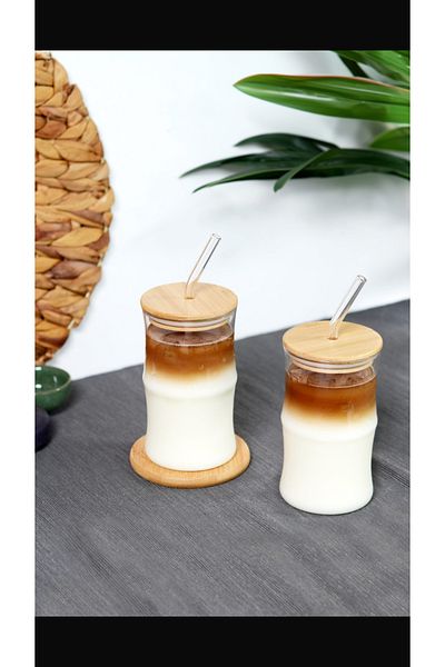 Amentes 1 Piece Heat Resistant Glass with Straw Bamboo Lid Model Borosilicate Cold and Hot Coffee Cup