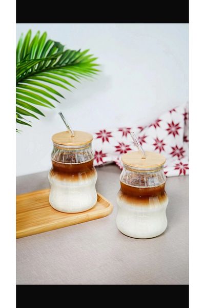 Amentes 1 Piece Heat Resistant Glass with Straw Bamboo Lid Model Borosilicate Cold and Hot Coffee Cup