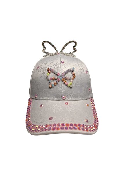 Kitti Spteks Kitti 4-8 Yaş Kız Çocuk Beyaz Renk Parlak Taş Figürlü Yazlık Kep...