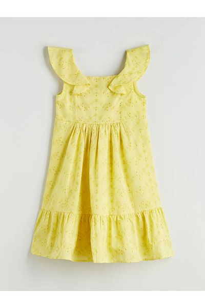 LC Waikiki LCW Kids Rochie pentru fetiță cu guler pătrat verde cu detaliu feston