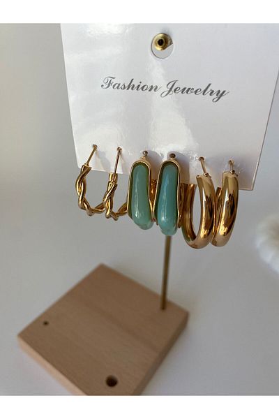 marsel aksesuar Special Series Gold Twist Detail Green Triple Earring Set