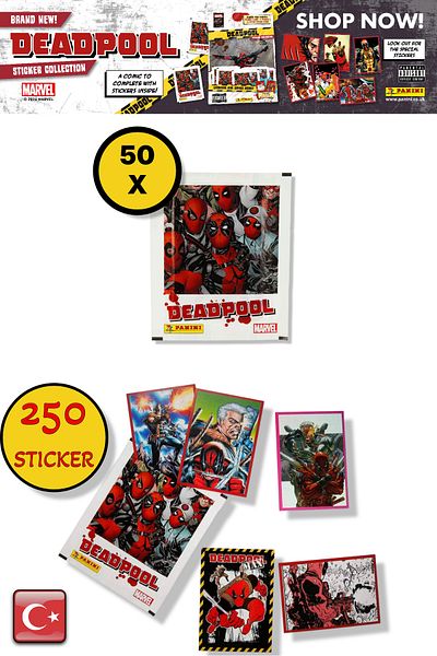 TOYFEST 50 قطعة - مجموعة ملصقات Marvel Deadpool |   منتج مرخص من بانيني (250 ملصق)