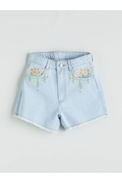 LC Waikiki LCW Pantaloni scurți din blugi pentru fete cu broderie florală