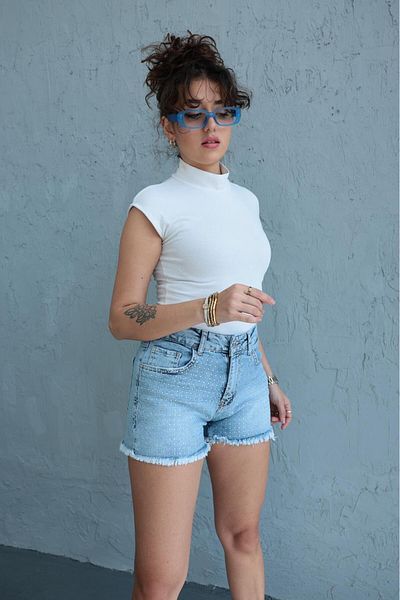 thesunfyre Pantaloni scurți din denim de mărime mini cu buzunar pentru femei