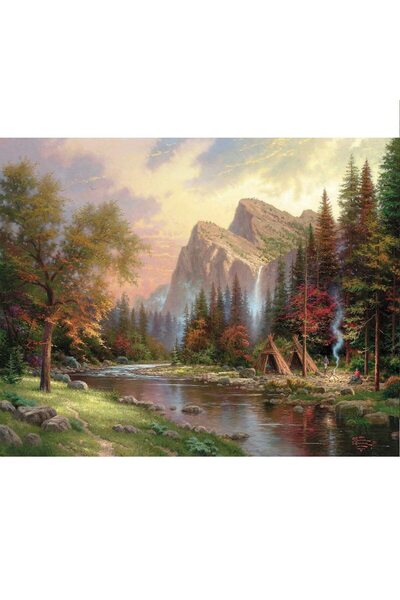 ve Tablou Canvas, Peisaj, Padure, Rau, munte, indieni 80 x 60 cm, Multicolor