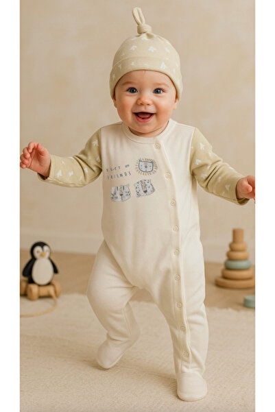 Moi Noi Yeşil Kedi Desenli Uzun Kollu Tulum