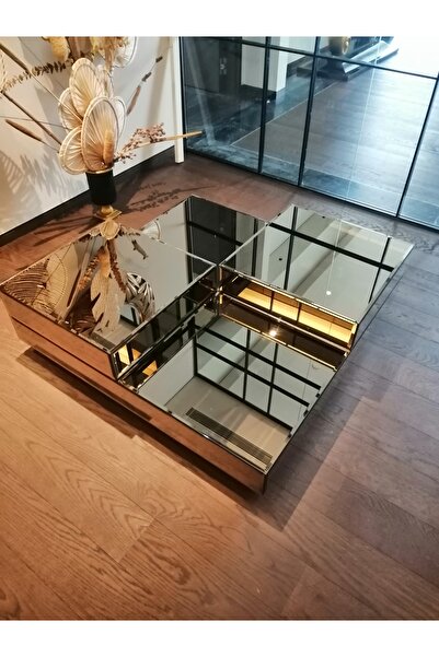 LUXURY VİLLA Luxury Komple Bronz Aynalı Tekerlekli Orta Sehpa 90x90 Yükseklik 30cm