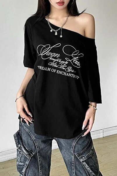 BALİNA Siyah Swan Lake Salaş Omuz Dekolteli T-shirt Bluz THE SOLO