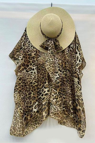 FashionForYou SAMY beach set, tunic and hat accessorized with scarf, BEJ Leopard, Size S/M