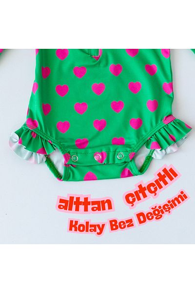 Mama Yoyo Baby&Kids Front Zipper - Bottom Snap Swimsuit Hearts Green Pink