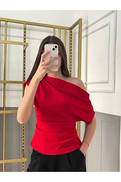 peri tower Drape/ Shirring Detail Flowy Asymmetrical Neckline Knitted Crepe Fabric Blouse