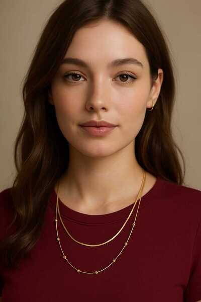 NİSA HOME İkili İtalyan Zincirli Topçuklu Kolye – Şık ve Zarif Altın Renk Takı.