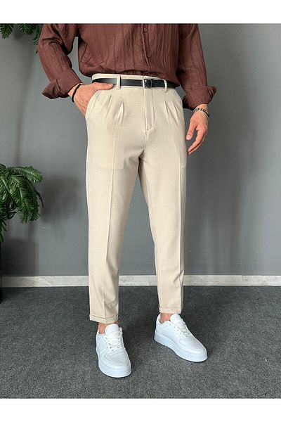 THEMANN Belted Douple Leg Pleated Cream Italian Trousers