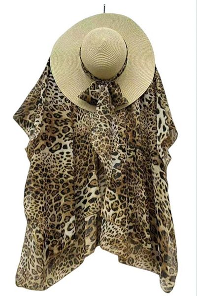 FashionForYou SAMY beach set, tunic and hat accessorized with scarf, BEJ Leopard, Size S/M