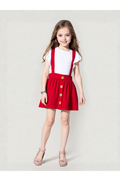 Alingo Kız Çocuk Kırmızı Askılı Salopet Etekli Takım