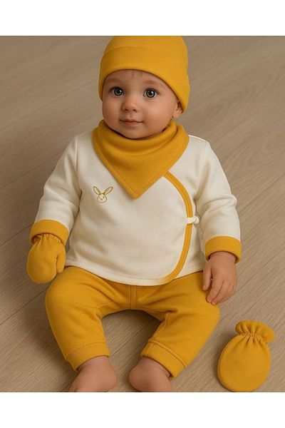 Calico Yellow & White Colored Organic Newborn Baby Set (5 Pieces)