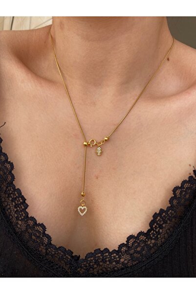 Arsaley Collection Taşlı kalp ve mini taşlı hamsa charm çelik asansör kolye