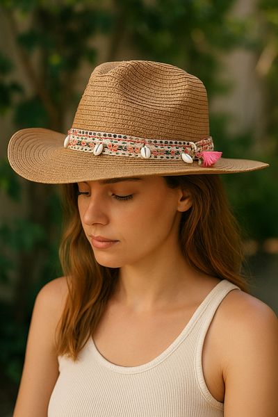 LAGRANZE Women's Straw Hat with Ethnic Detail