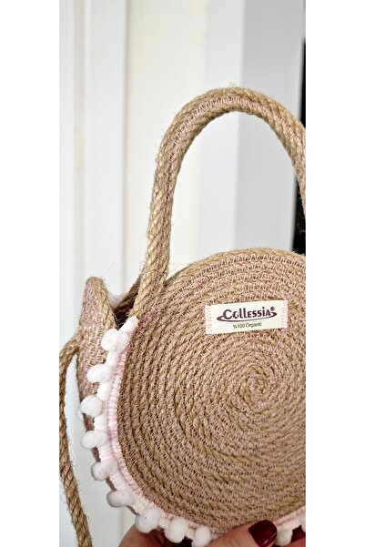 CollessiaHome El Yapımı Genç Çocuk Hasır Çanta Ponponlu Jüt Çanta 16 cm