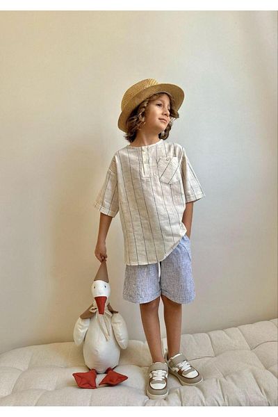 VOSVOSBABYSTORE Cotton & Linen Blue Beige Shorts Suit