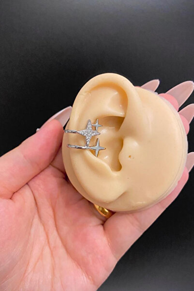 Blisse Piercing Gümüş Renk Kuzey Yıldızı Figürlü Zirkon Taşlı Çelik Ear Cuff Kıkırdak Küpe – Sıkıştırmalı, Deliksiz