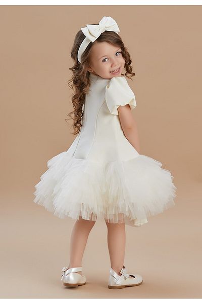 SIRRI Girl's Layered Tulle Ecru Dress - Crown and Bag Included 1-6 Years