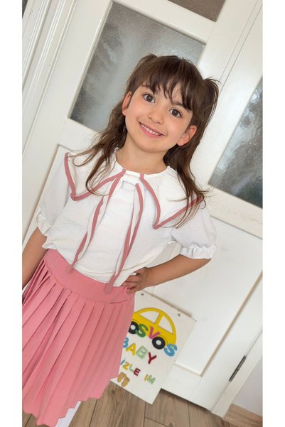 VOSVOSBABYSTORE PEMBE FİYONKLU BLUZ & PİLELİ ETEK TAKIM