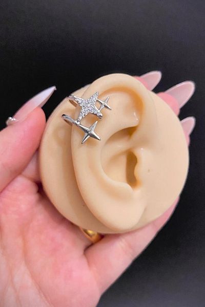 Blisse Piercing Silver Color North Star Figured Zircon Stone Steel Ear Cuff Cartilage Earrings – Compression, Non-Pierced