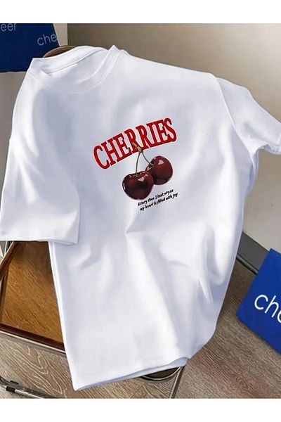 QUEENSTOWN Tricou oversize cu decolteu cu imprimeu de cireșe pentru femei