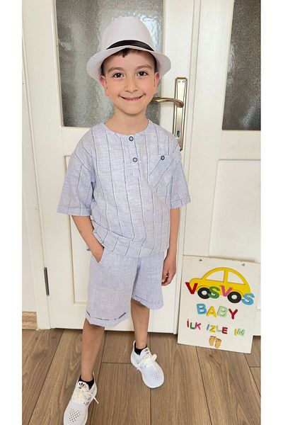 VOSVOSBABYSTORE Cotton & Linen Blue Shorts Suit