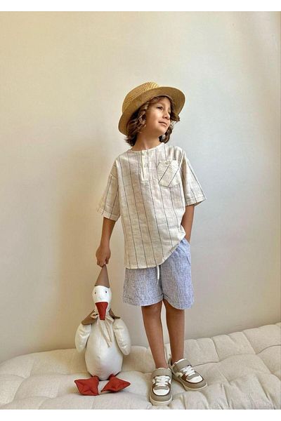 VOSVOSBABYSTORE Cotton & Linen Blue Beige Shorts Suit