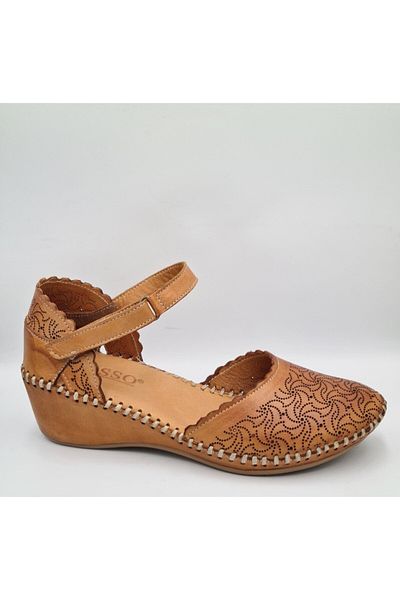 casso 848200 Tan Color Genuine Leather Anatomical Insole Velcro Toe Closed Women's Daily Sandals