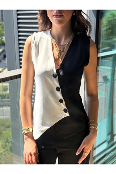 Asil Acar Home Women's Zero Sleeve V-Neck Buttoned Colorblock Atlas Vest