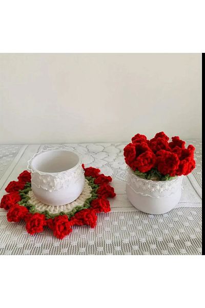 Sheinshine Mini Bouquet Knitting Rose Blanket Coaster Vase Knitting