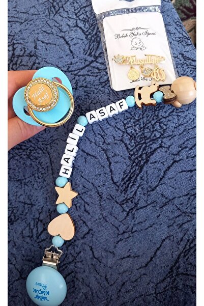 Serap Yılmaz Sahi Isimli Bebek Emzik Zinciri Yaka İğnesi ve Mavi Taşlı Siliko...