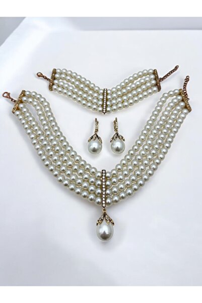 FUYA JEWELLERY Mayorka İnci Kolye, Küpe ve Bileklik Set
