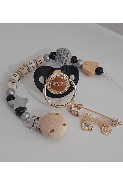 Serap Yılmaz Sahi Isimli Bebek Emzik Zinciri Iğne Ve Siyah Taşlı Silikon Damaklı Emzik Seti (0-6 AY) Tysysh0032