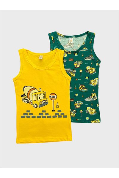 elmas kids Boy's Cotton Yellow Green Color Work Machine Patterned 2-Piece Undershirt Set