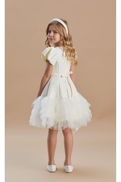 SIRRI Girl's Layered Tulle Ecru Dress - Crown and Bag Included (6-11 Years)