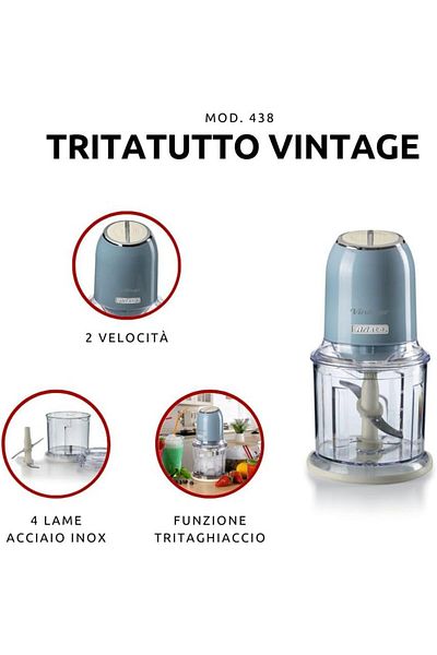 ARIETE 438 Vintage Chopper, 2 Speed Settings, 4 Stainless Steel Blades, 600 ml, 400 W, Light Blue