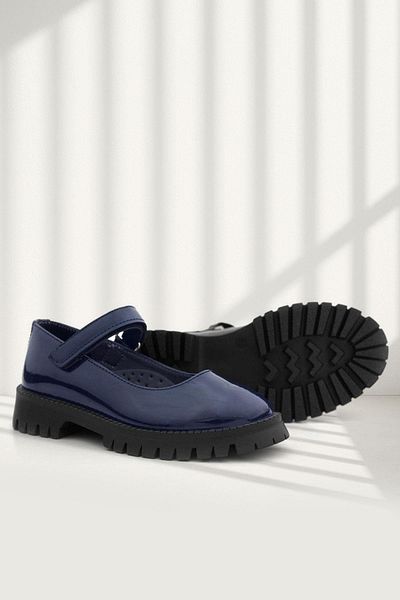 Rakerplus Navy Blue Patent Leather Velcro Thick Sole Girls' School Shoes