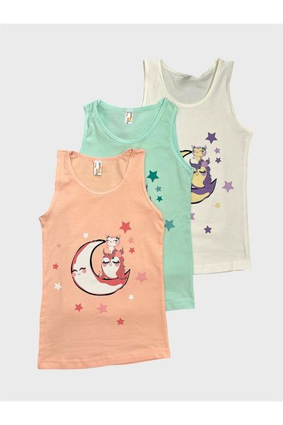 elmas kids Girl's Cotton Green Crochet Ecru Crescent Star Patterned 3-Piece Undershirt Set