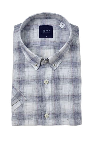 KAMER Men's Classic Plaid Short Sleeve Shirt Cotton Linen 9486 Bgl-St04584