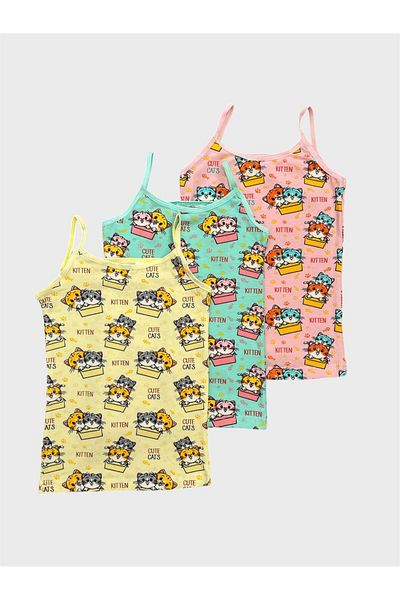 elmas kids Girl's Cotton Yellow Pink Green Cat Patterned 3-Piece Undershirt Set