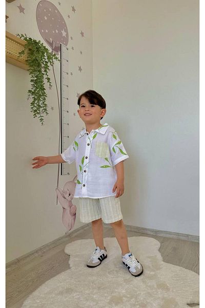 MİO Boy's Cotton Shorts Shirt Suit Summer Comfortable Cut Green