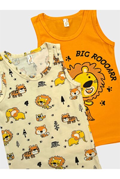 elmas kids Erkek Çocuk Pamuklu Turuncu Krem Rengi Aslan Desenli 2 li Atlet Takımı