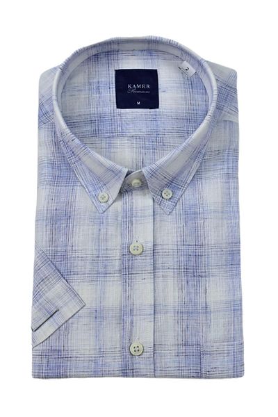 KAMER Men Classic Plaid Short Sleeve Shirt Cotton Linen 9343 Bgl-St04585