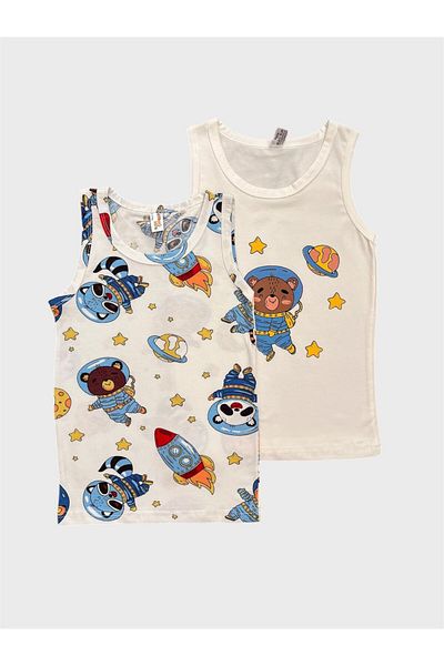 elmas kids Boy's Cotton White Astronaut Patterned 2-Piece Undershirt Set